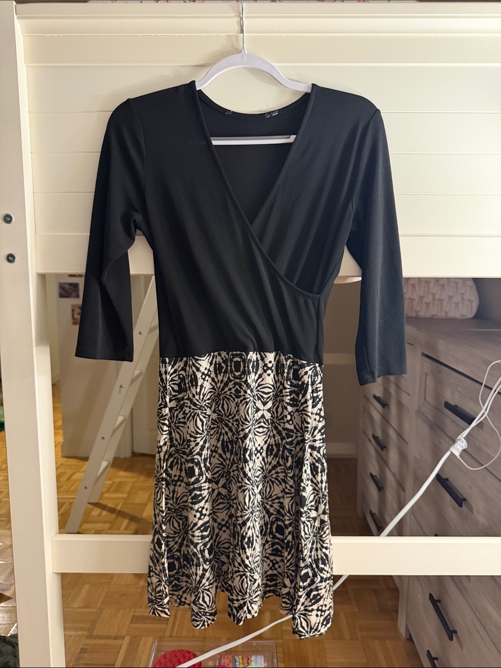 Black Wrap-Top Dress with Patterned Skirt
